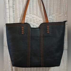Montana West Black Leather Tote with Brown Trim